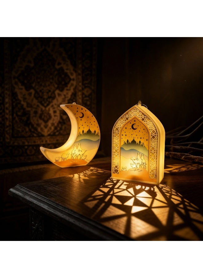 طقم فوانيس رمضان ليد قطعتين – يشمل شكل هلال وشكل أرك إسلامي – إضاءة ديكور للمنزل والتعليق (12 × 8 سم) - Image 4